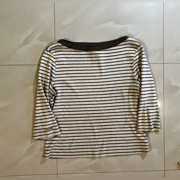 LAUREN RALPH LAUREN SWEATER TOP 3/4 SLEEVE‎ BEIGE WITH STRIPES OLIVE GREEN L - Picture 14 of 16